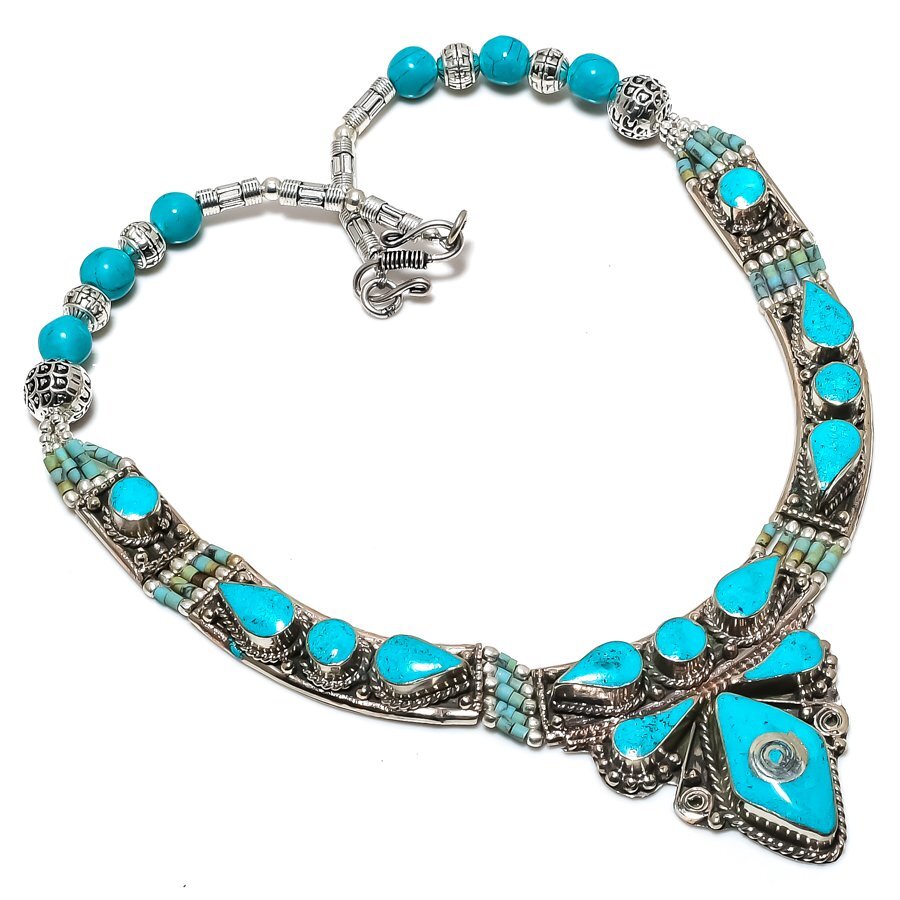 Tibetan Turquoise Handmade Statement Fashion Jewelry Nepali Necklace 18″ SR 6759