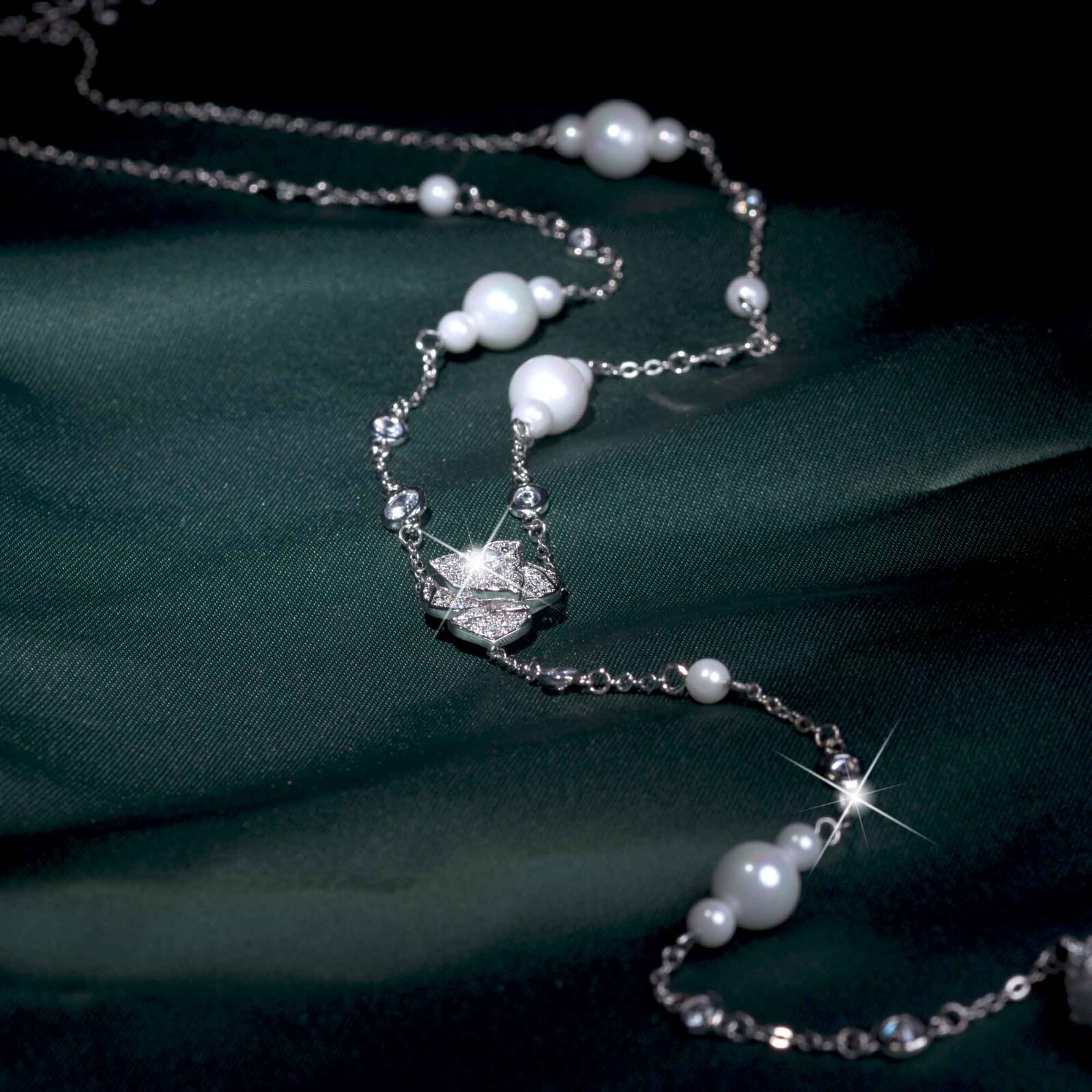 silver pearl Y Lariat necklace made with Swarovski crystal rose flower pendant