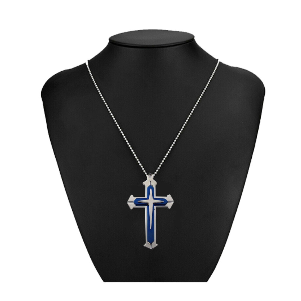 Vintage Cross Pendant Necklace BLUE & Gold Stainless Steel Alloy Unisex Crucifix