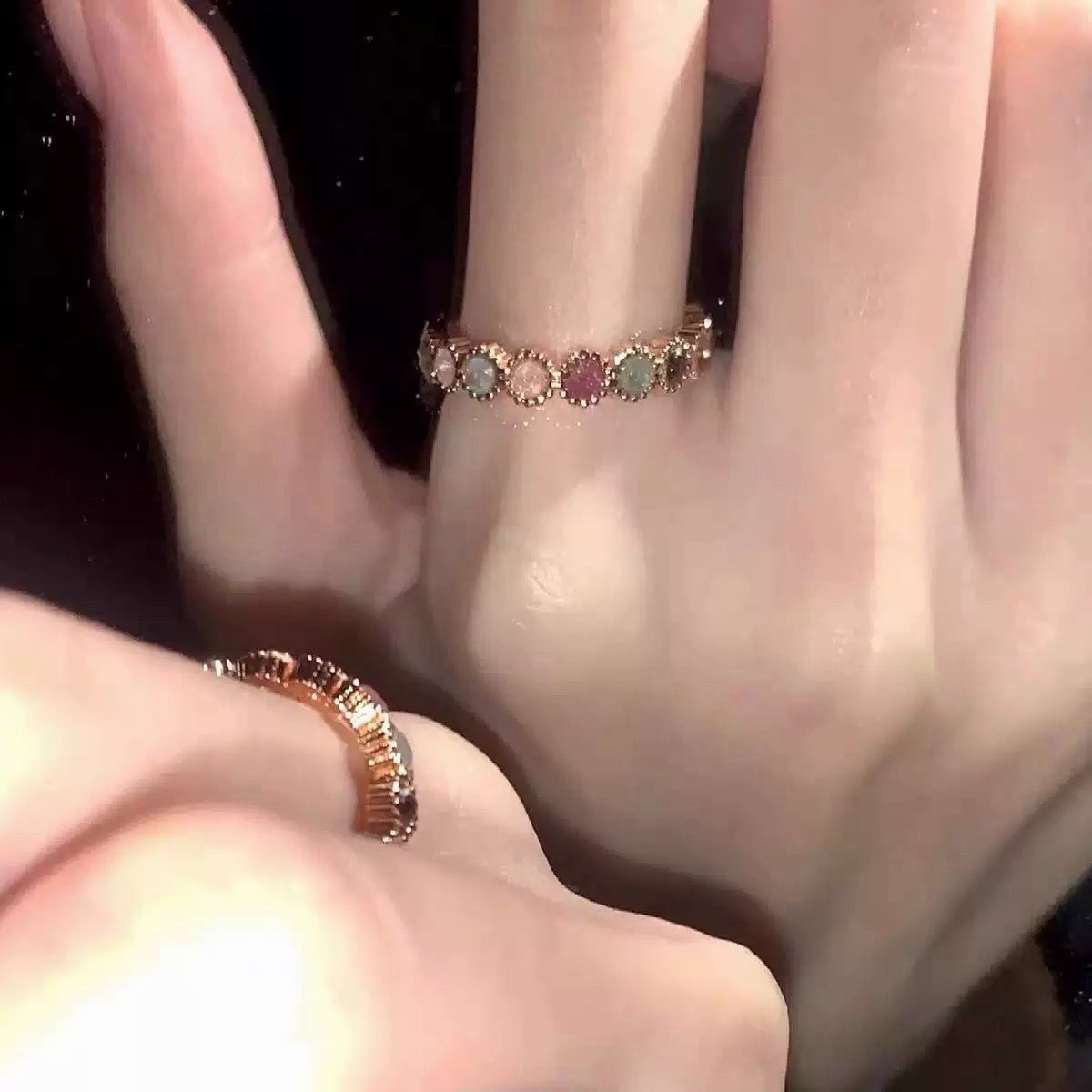 Adjustable Open Ring Rose Gold Plated Multicolor Crystal Band Ring Stackable 001