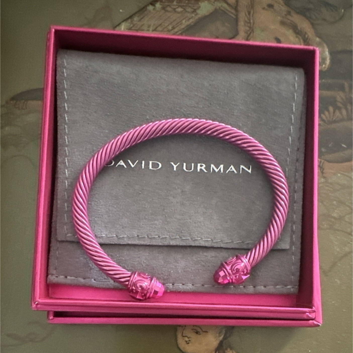 David Yurman Pink Metal Rope Cable Cuff Bracelet Open with Box & Pouch