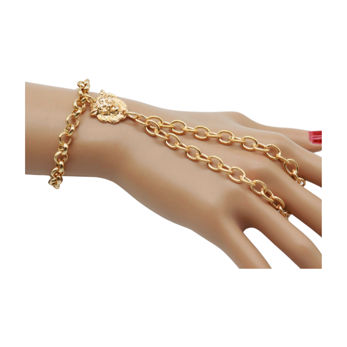 Women Gold Metal Hand Chain Lion Charm Bracelet Connected Ring One Size Fits All