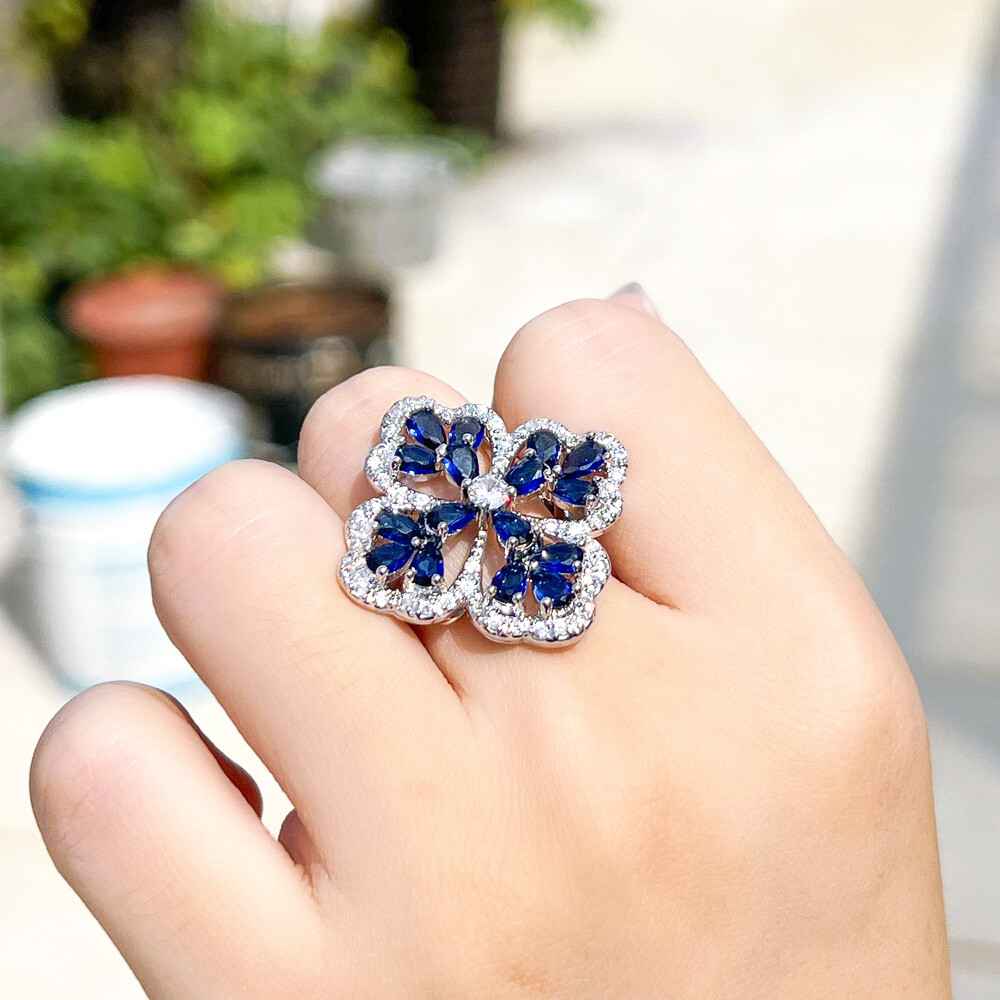 Silver Plated Blue CZ Crystal Flower Statement Women Chunky Flower Party Ring