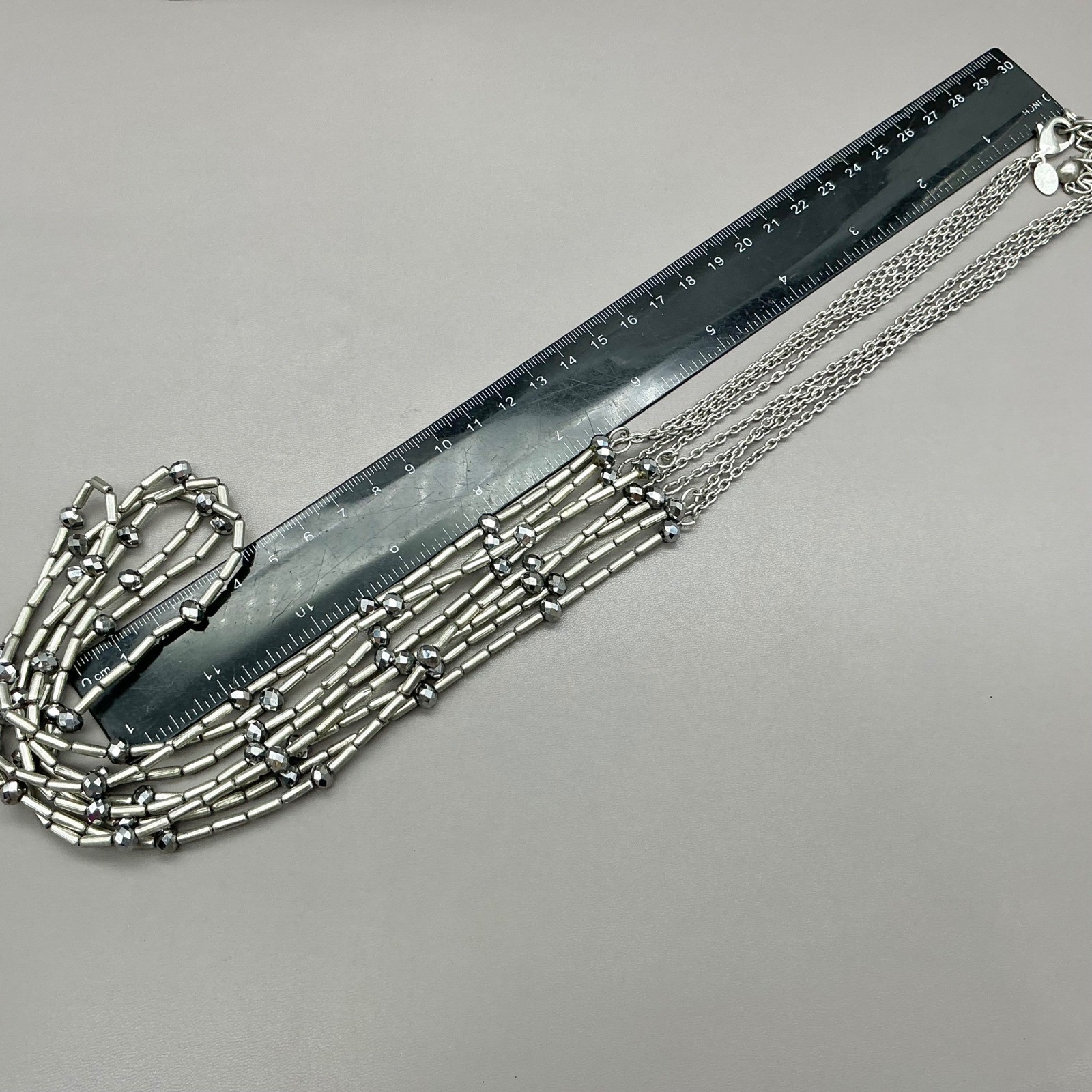 Chico’s Necklace Multi Strand Silver Tone Beaded Layered Statement Adjustable