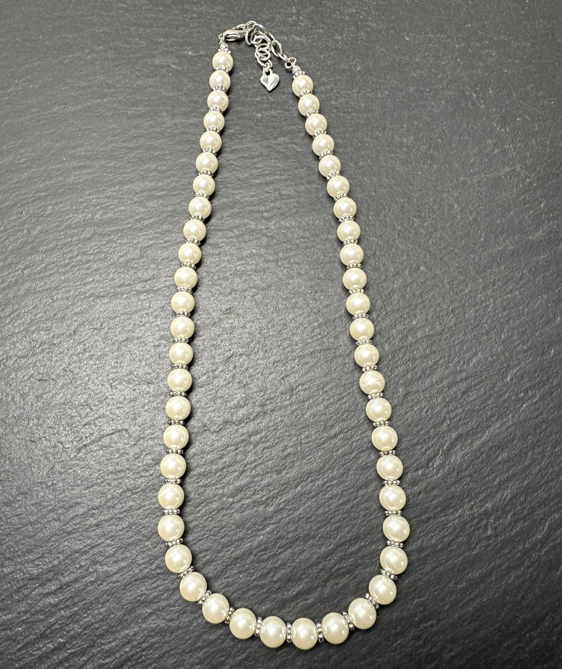 17″ SIMULATED PEARL & SILVER TONE SPACER BEADED NECKLACE M295