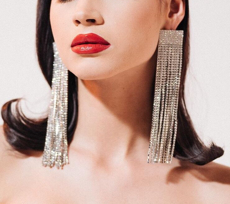 Handmade Exclusive Silver Extra Long Crystal Earrings