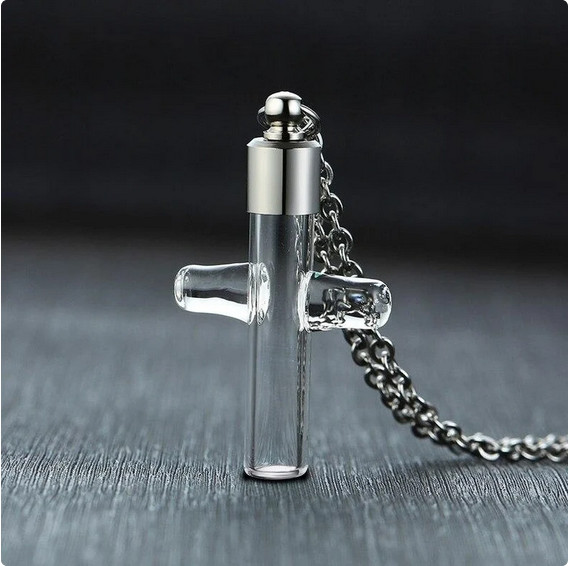Big GLASS VIAL CROSS URN ASH CREMATION Pendant 925 Sterling Silver 22″ Necklace