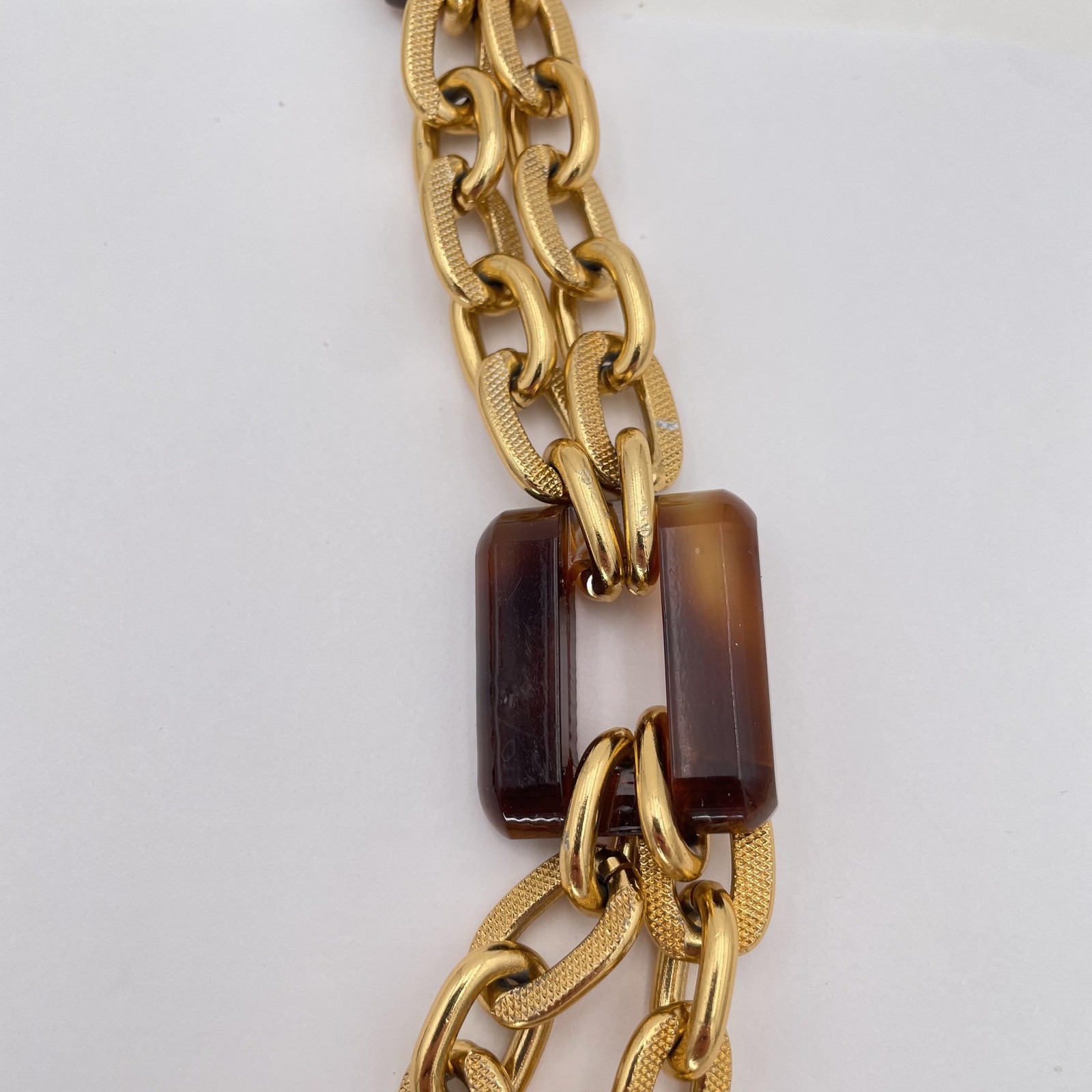 JM Chunky Statement Chain Necklace Gold Tone Tortoise Brown Resin Links 24in