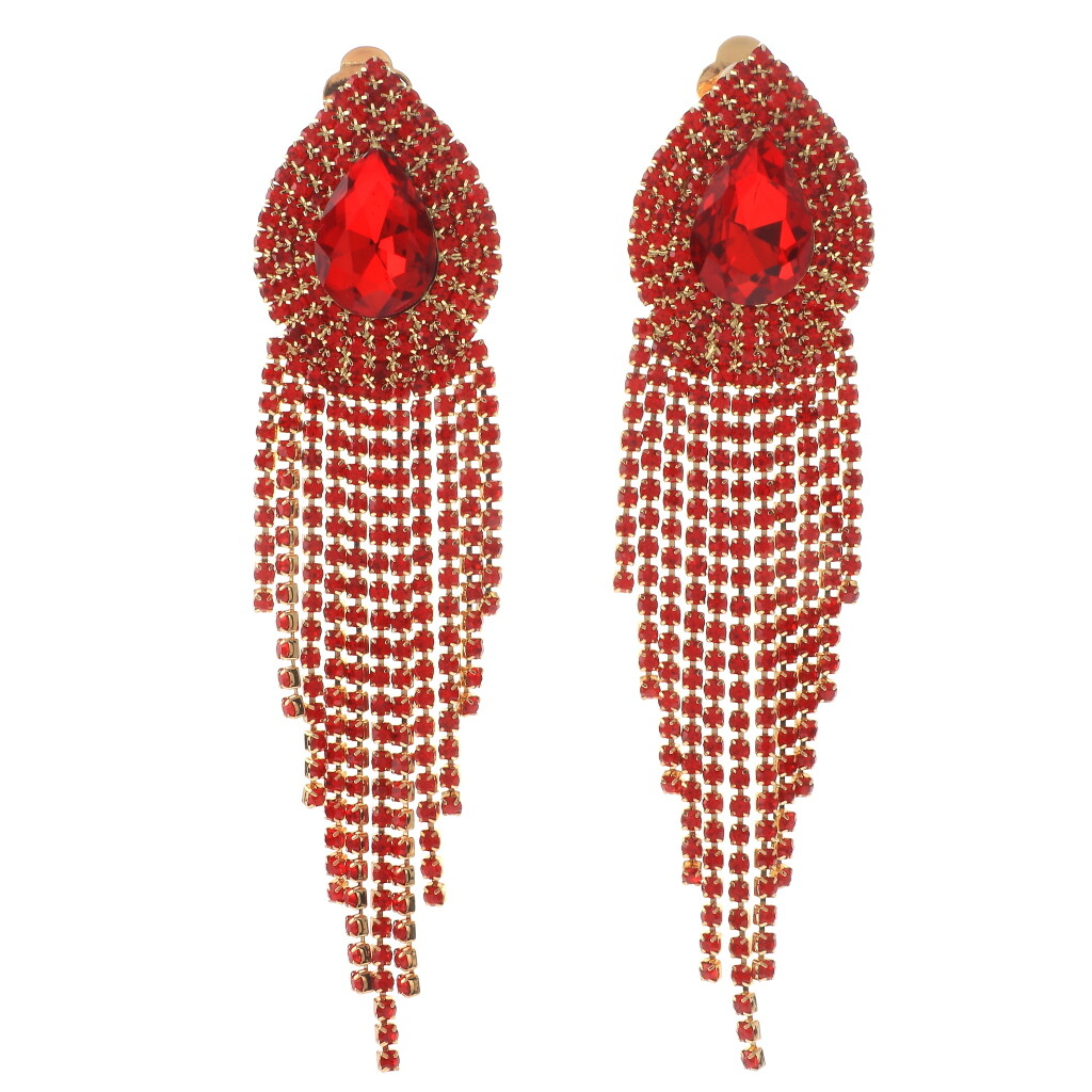 Gold Tone Metal Rhinestone Clip On Chain Dangle Earrings ER2571-RED