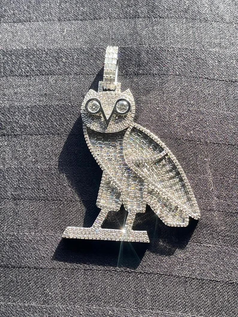 14K Yellow Gold Over Hip-Hop Custom Owl Pendant 3 Ct Baguette Simulated Diamond