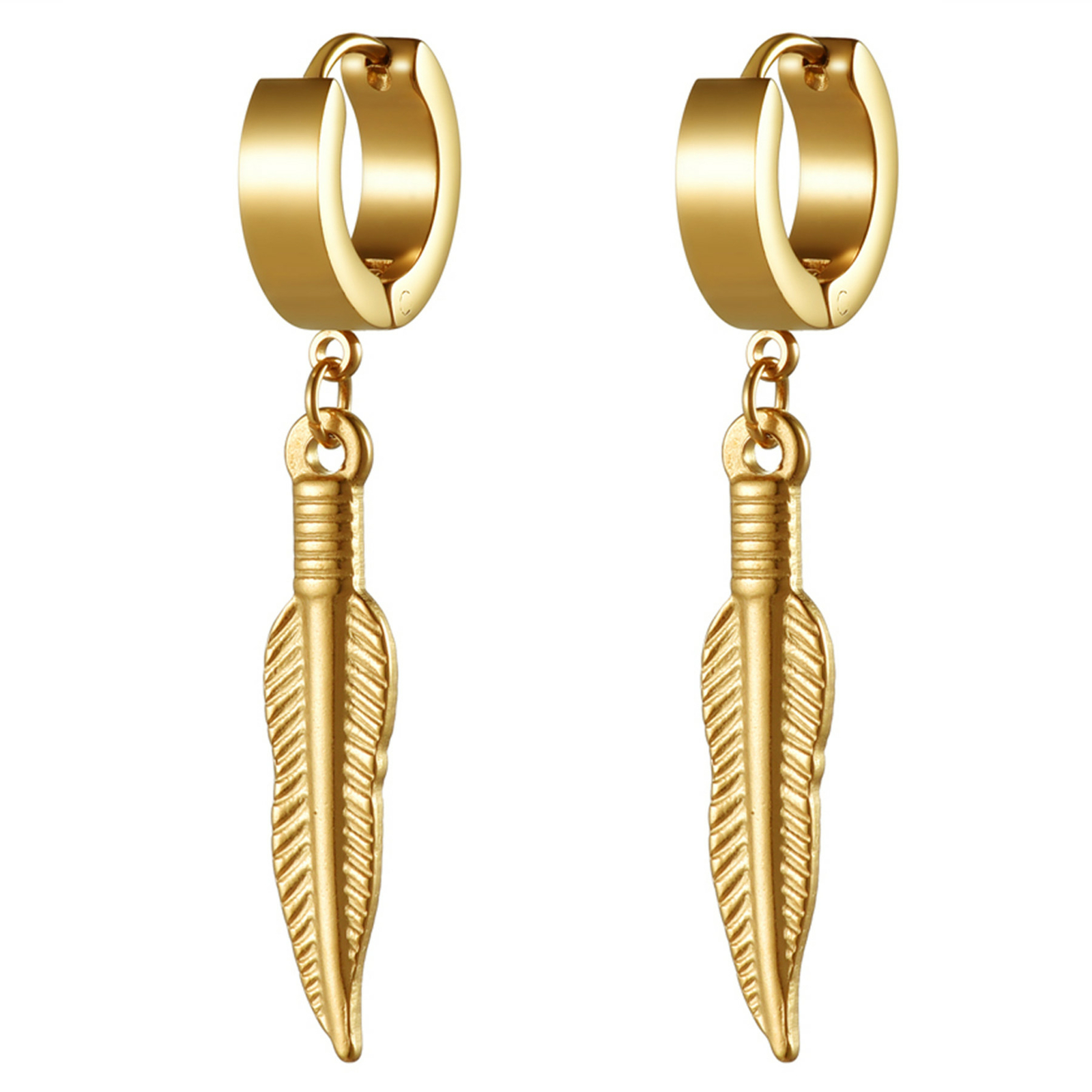 2pcs Drop Dangle Feather Earrings For Men Women Huggie Hinged Stainless Steel