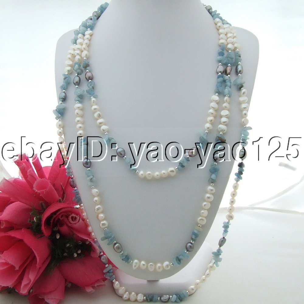 93″ White Baroque Pearl Blue Aquamarine Necklace
