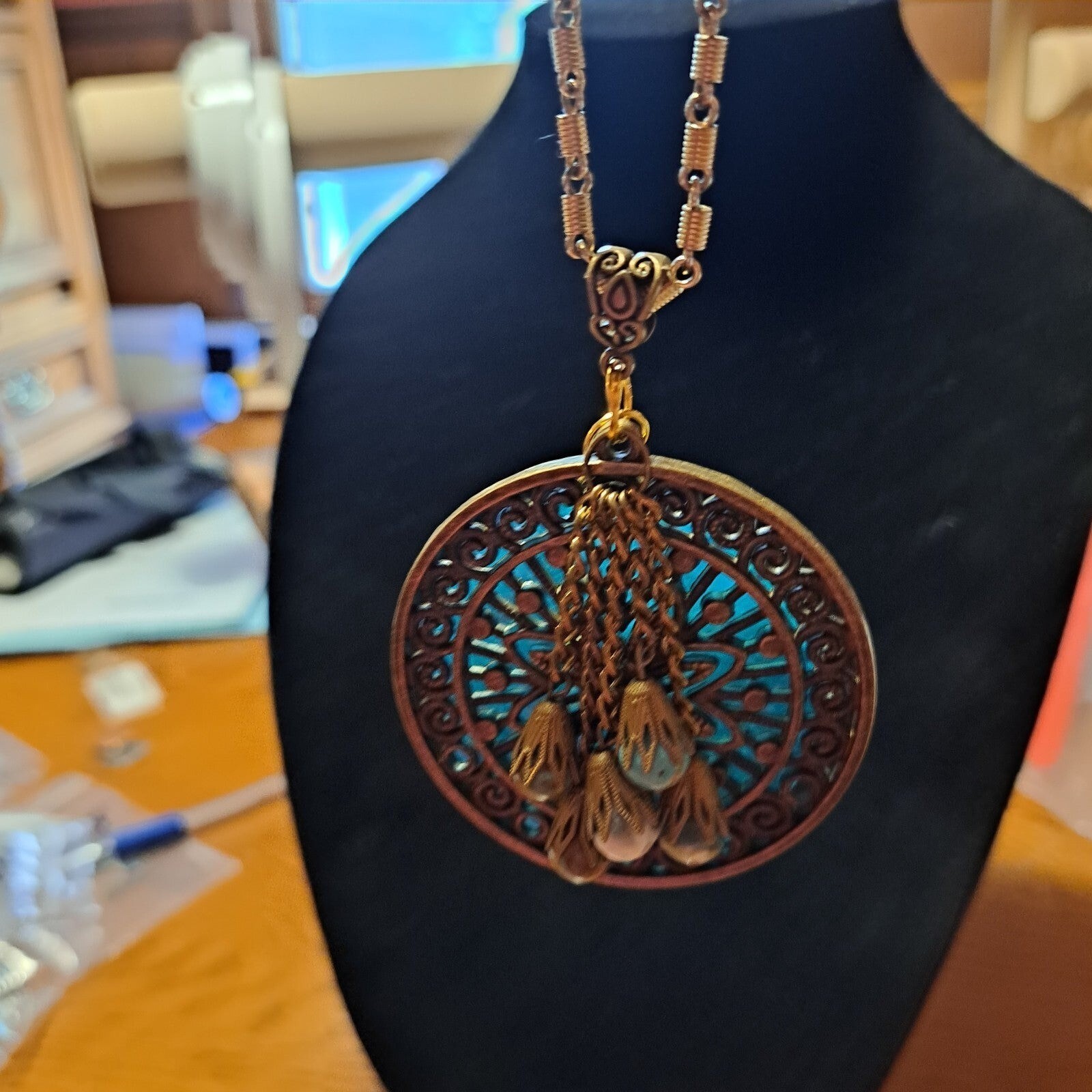 Handmade Bronzetone Medallion Charm Necklace 26″