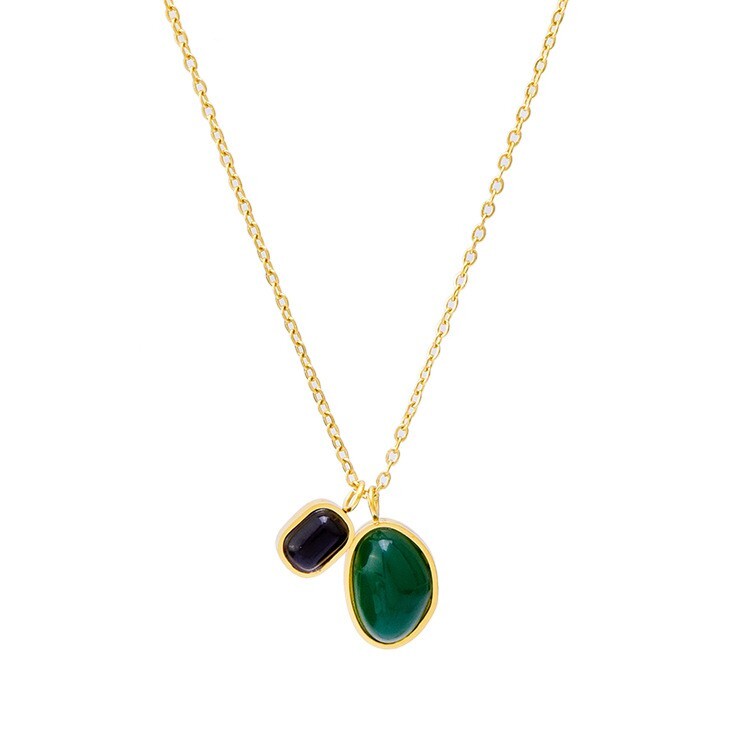 18KGP Green & Black Agate Double Pendant Necklace & Earrings Set