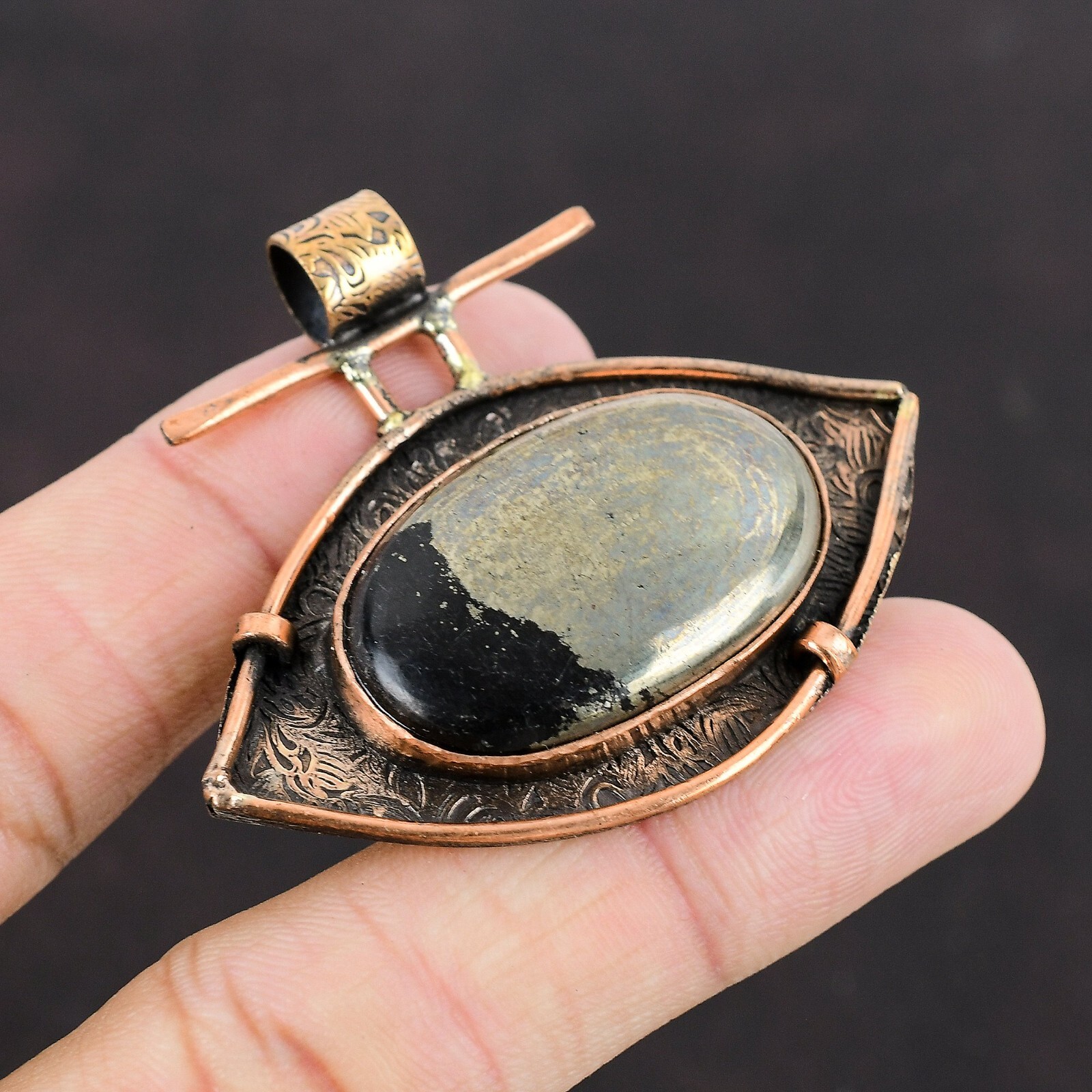 Valentines Sale Oval Pyrite Gemstone Anniversary Solar Chakra New Pendant Copper
