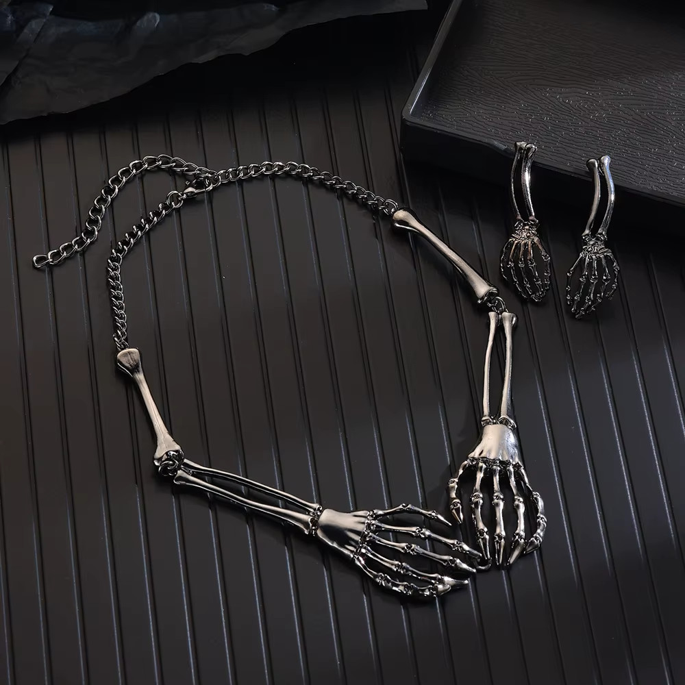 Halloween Skeleton Hand Necklace Earrings Set – Gothic Punk Jewelry for Women