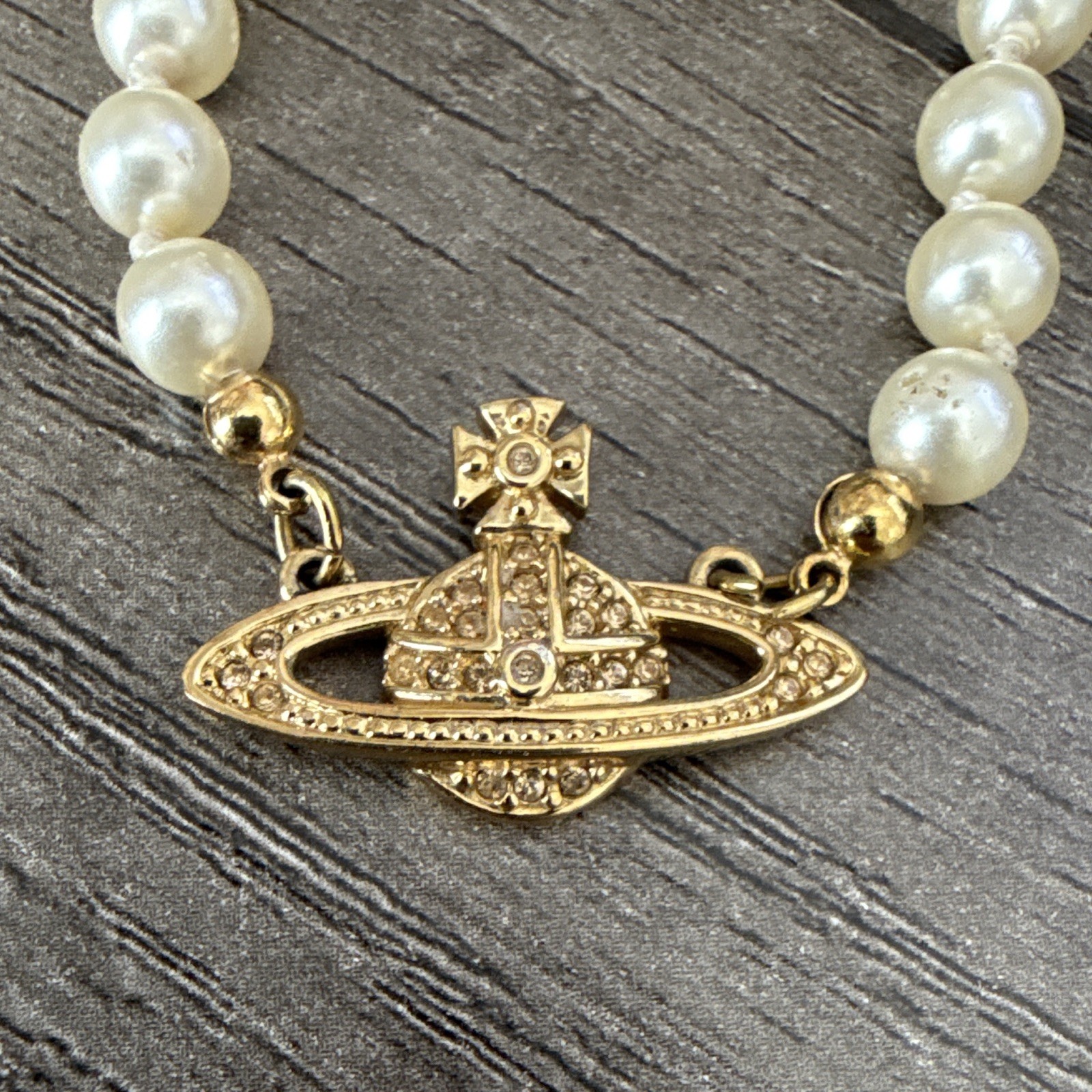 Vivienne Westwood Faux Pearl Bead Necklace Gold Plated CZ Orb Charm Pendant