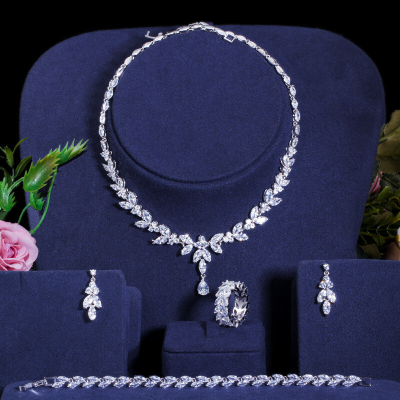 CWWZircons White CZ Necklace Earrings Ring Bracelet Women Wedding Jewelry Set