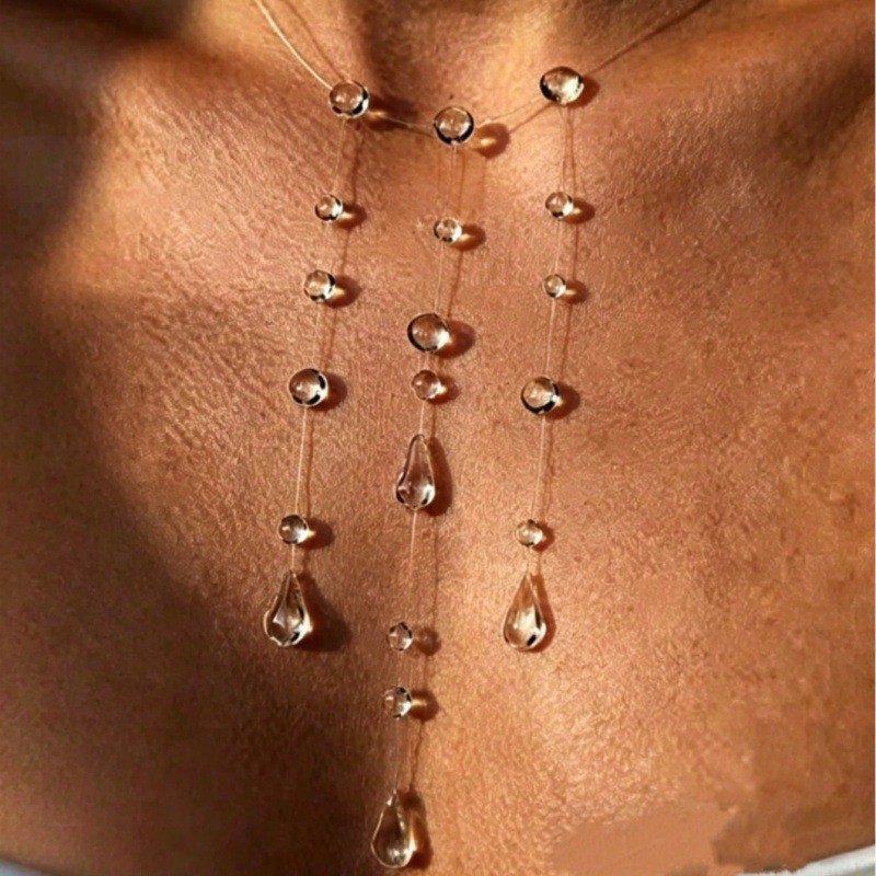 Clear Dew Drop Necklace Simple Lariat Chain Minimalist Glass Pendant Choker