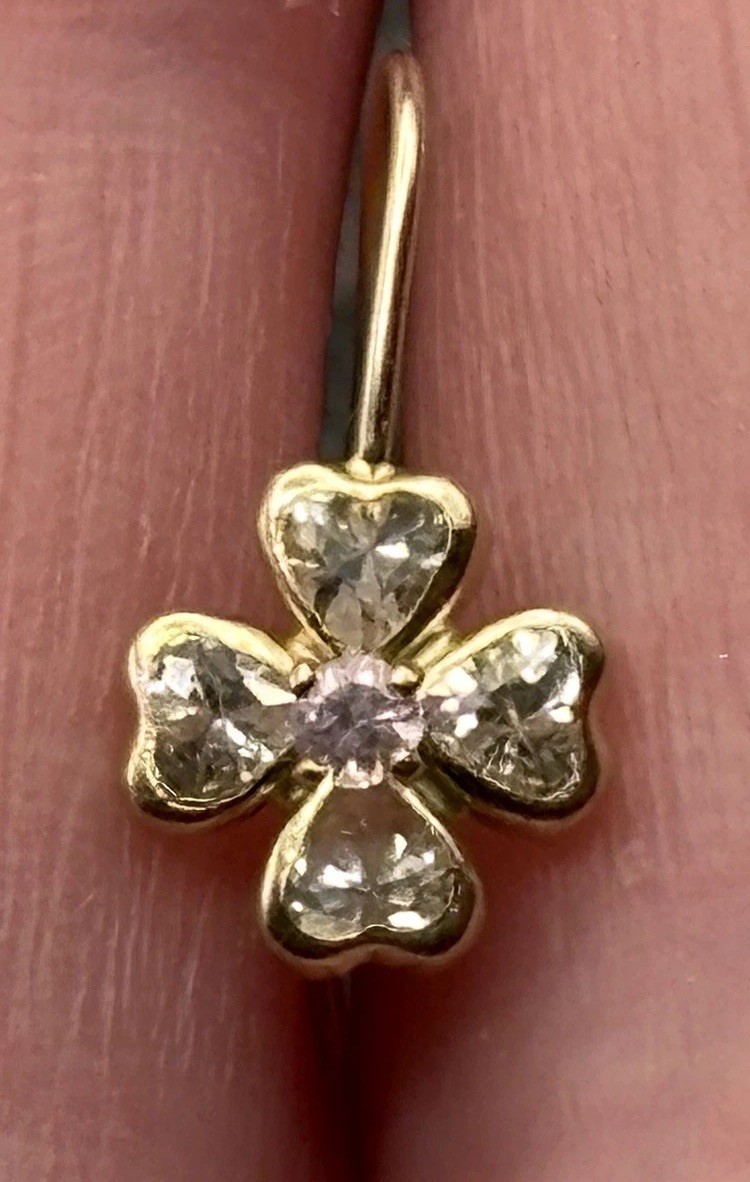 10K Solid Yellow Gold Pink & White CZ Four Leaf Clover *Single* Earring