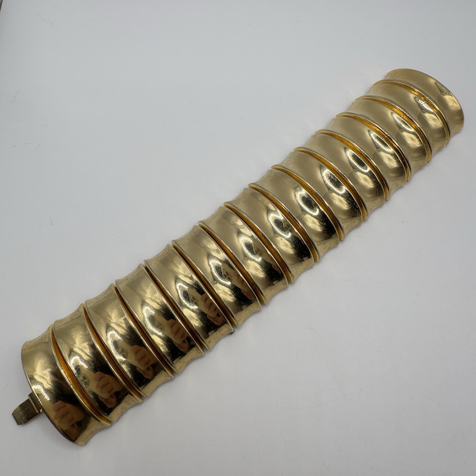 Gold Tone Statement Cuff Bracelet Chunky Flexible Accordion Style 1.5″ Wide 6.75