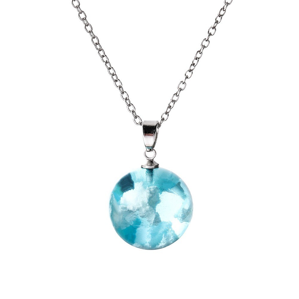 White Clouds Blue Sky Resin Glass Marble Ball Pendant Necklace Terrarium