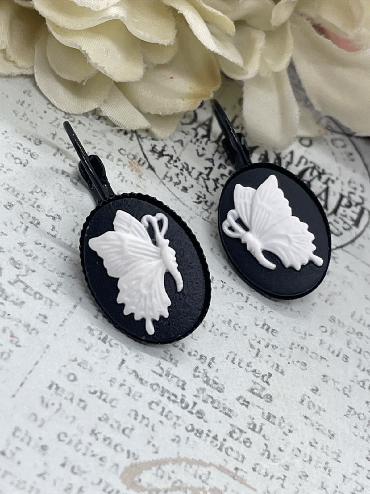 Black Setting Enamel Cameo Butterfly Mom Birthday Anniversary Gift Earrings