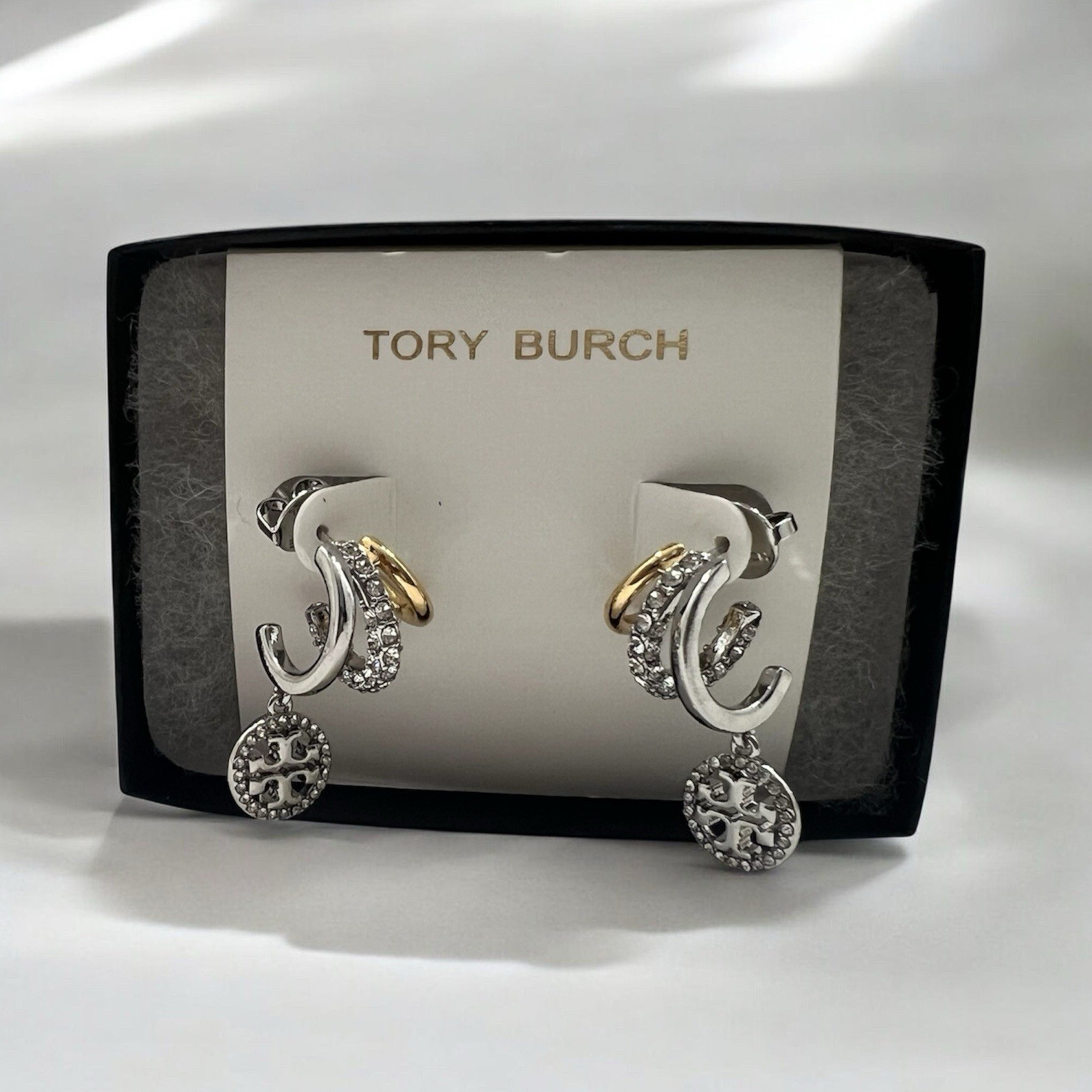 Tory Burch Silver & Gold Tone Crystal Pavé Dangle Clip-On Logo Earrings