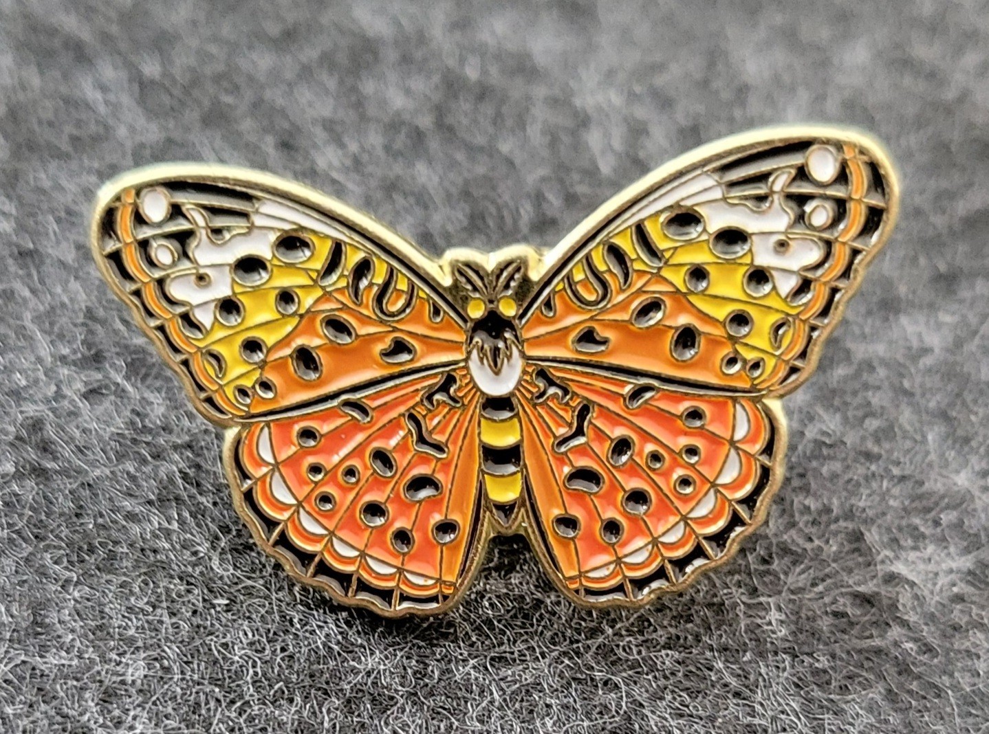 Beautiful Butterfly Pin- Orange, Yellow, White, Black, And Gold Tone Metal- New
