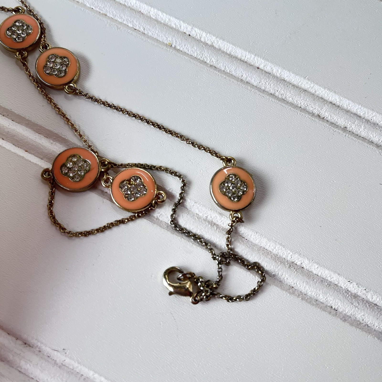 Vtg 1990s Peach Enamel & Rhinestone Double Sided Station Necklace- Gold Tone 34”