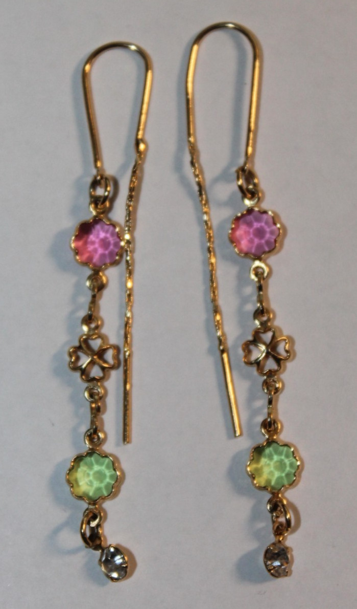 Pink and Green Gold tone Ear Threads Earrings