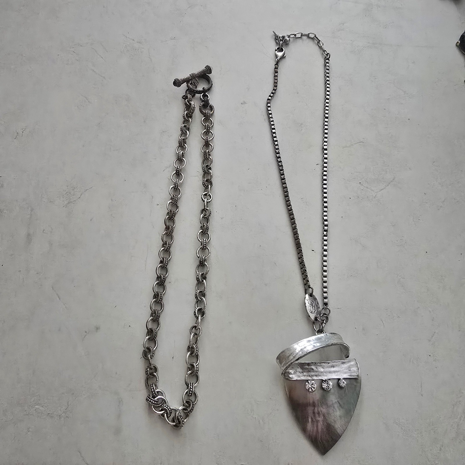 Silver Tone Statement Necklace Lot Mother of Pearl Pendant & Chunky Link Chain