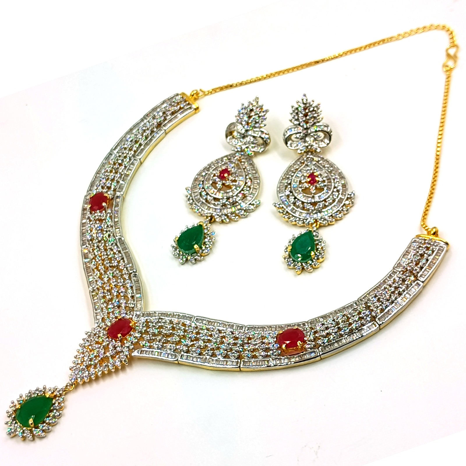 Traditional Emerald Ruby CZ Diamond Choker Necklace Set 22k Gold Plated