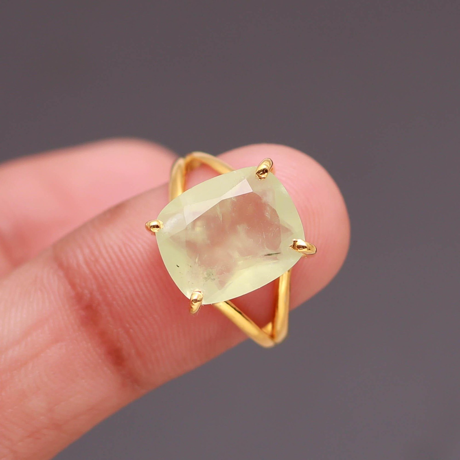 Natural Prehnite Cushion Ring 925 Sterling Silver Gold Filled Handmade Jewelry
