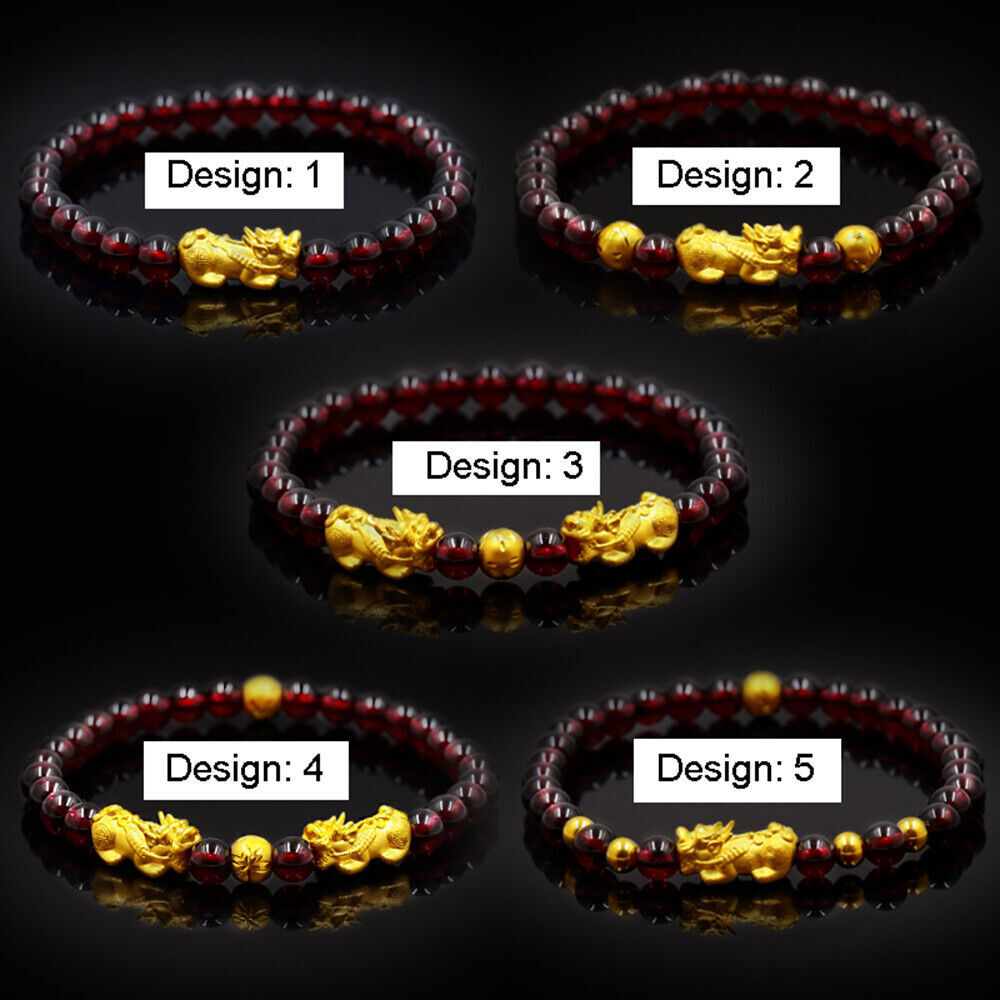 Real 999 24k Yellow Gold 3d Wealth-pixiu With 6mm Red Garnet Bead Bracelet