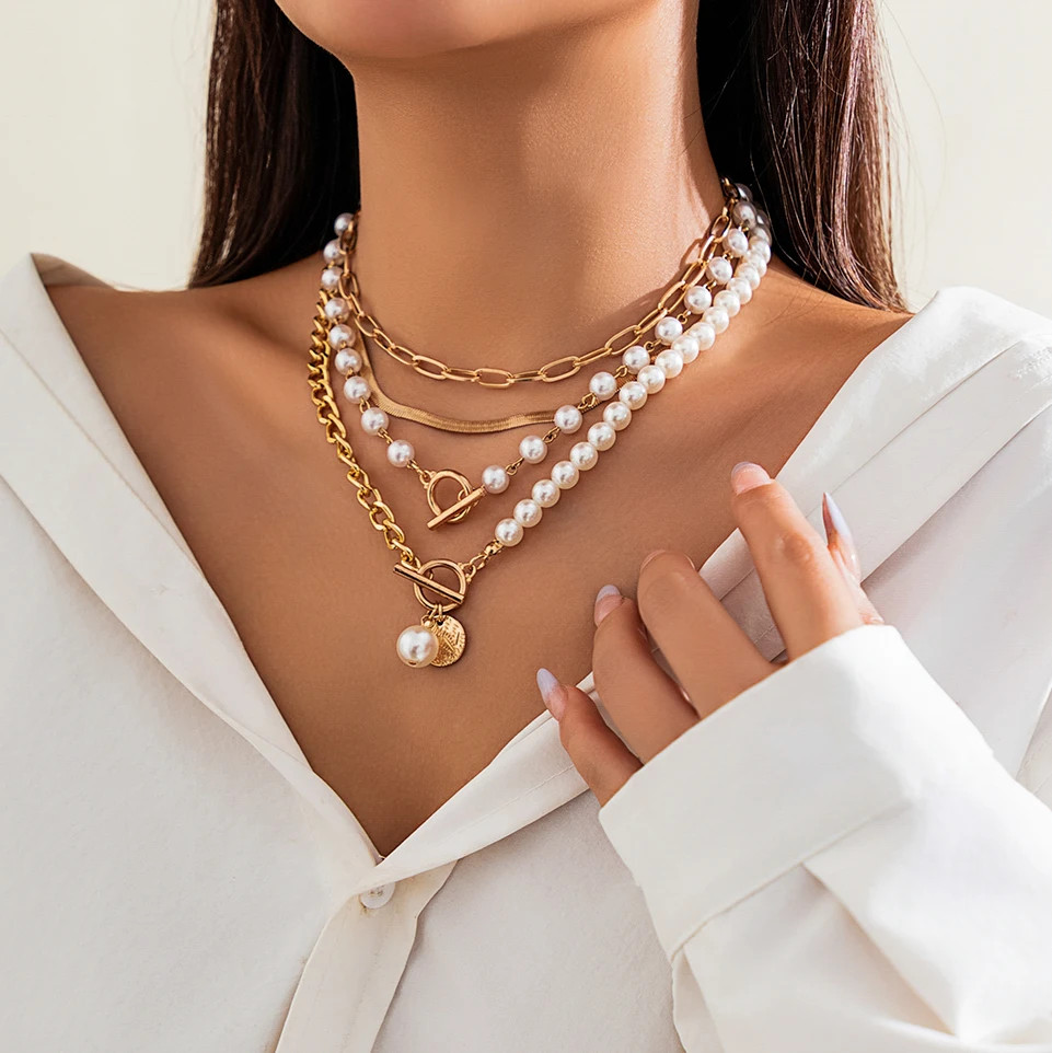 Layered Imitation Pearl and Thick Chains Choker Necklace for Women Tendy Beaded