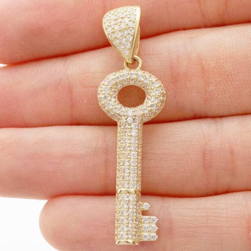 2.50Ct Simulated Diamond Pave Set Key Shaped 10k Yellow Gold Pendant 1.57″