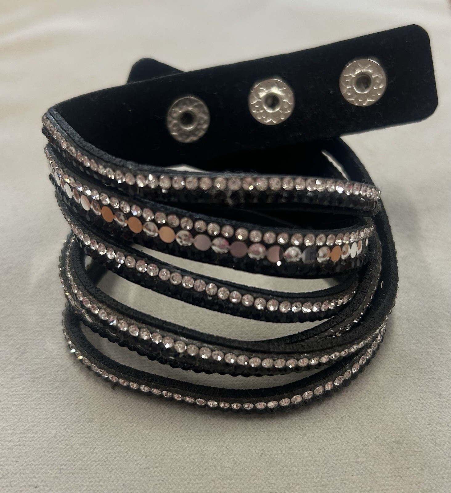 Black Wrap Bracelet With Rhinestones 3 Snap Closure