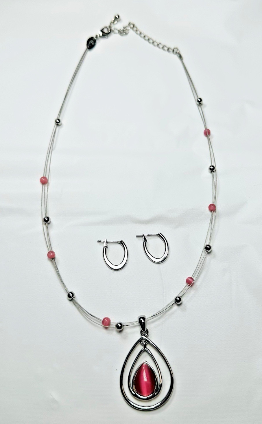 Lia Sophia Pink Cat Eye Pendant Necklace & Hoop Earrings Silver Tone Set