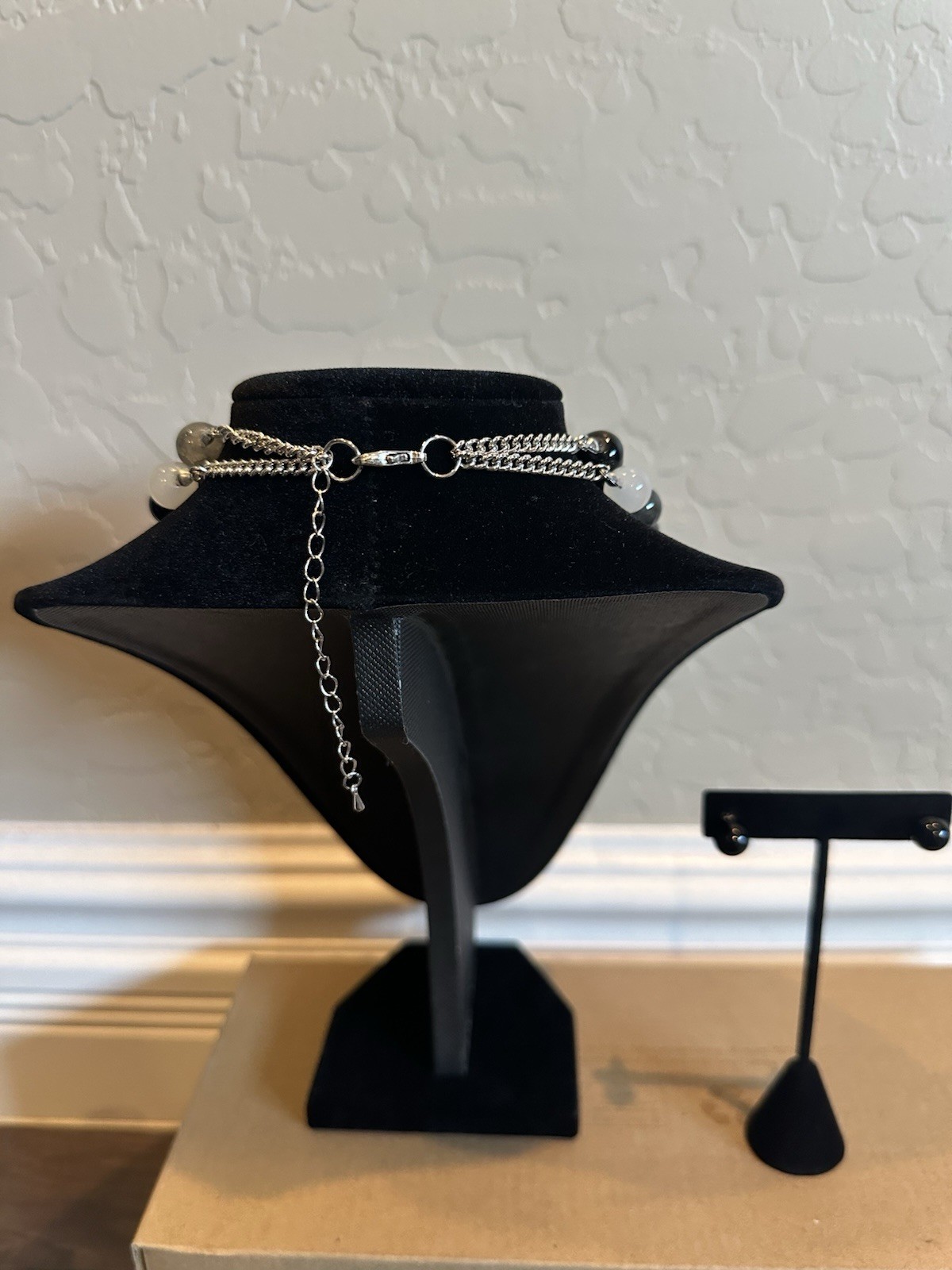 Layered Black & White Gray Beaded Statement Necklace w/ Silver Tone Disc Charms