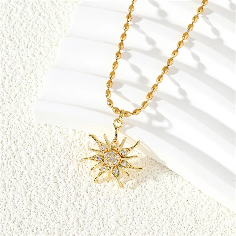 Women’s Classic Style Sun 18K Gold Plated Cubic Zirconia Pendant Necklace