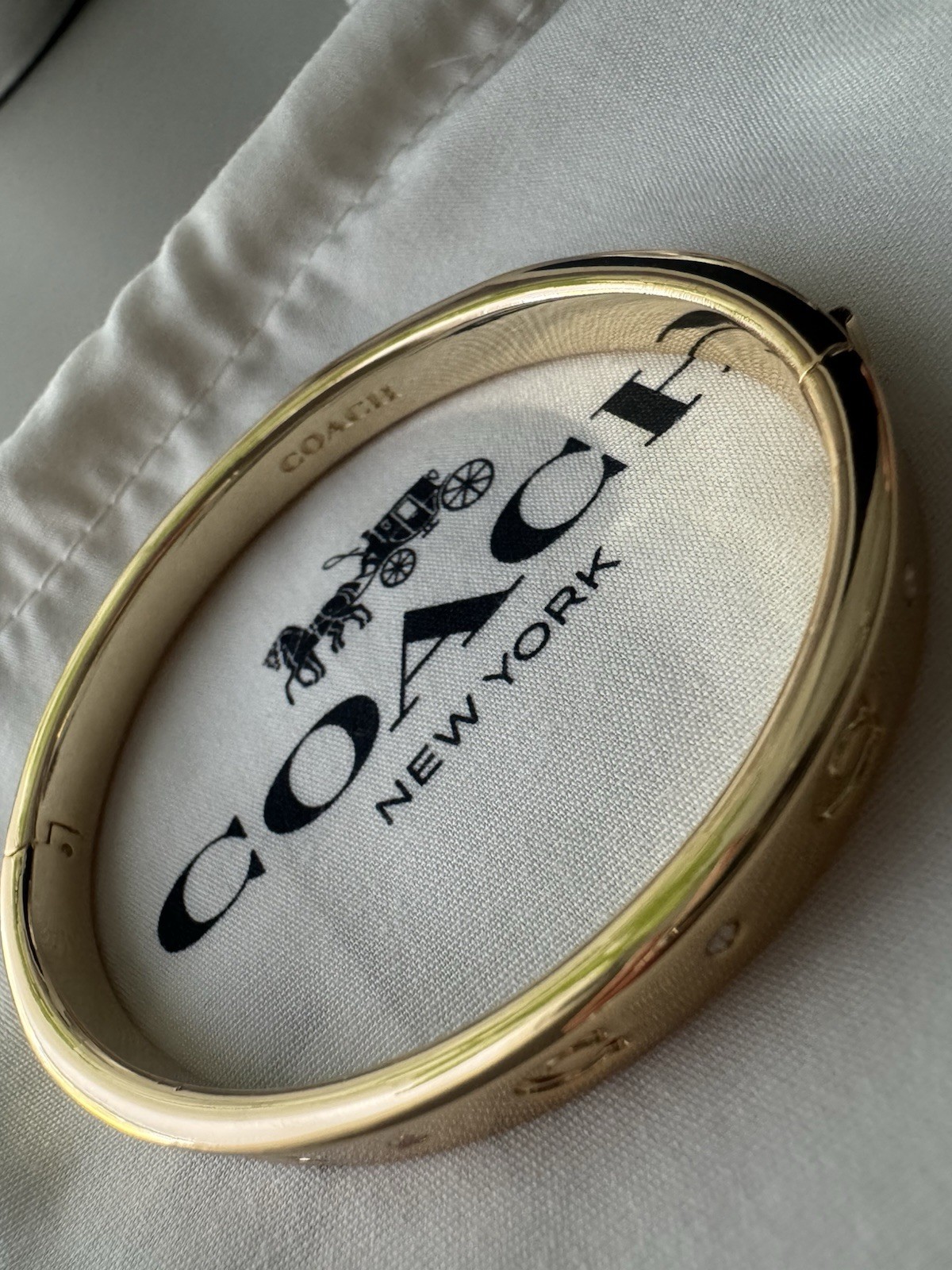 Coach Gold Tone Hinged Bangle Bracelet, Signed Logo