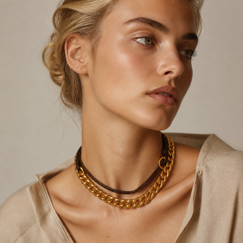 MIU MIU Gold Metal Chain & Calfskin Leather Necklace Made in Italy $1,250 EUC