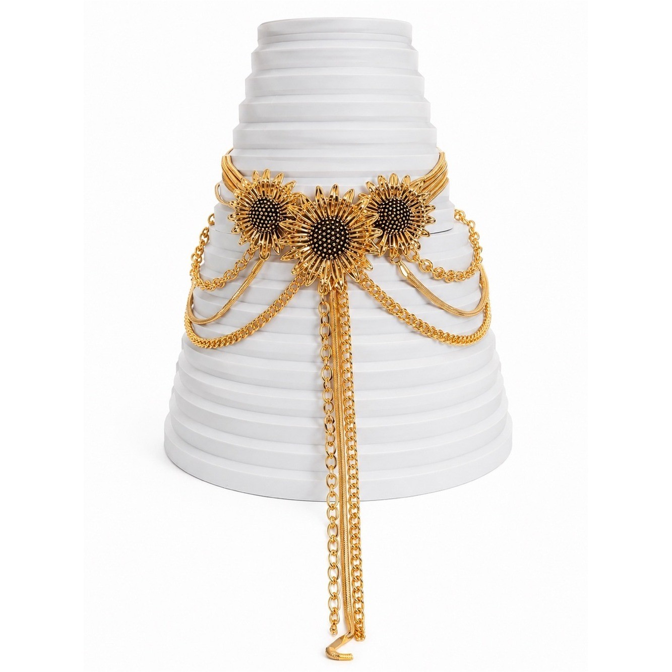 Heavyweight Sunflower Statement Necklace Gold Tone Multi-Strand Tassel Choker