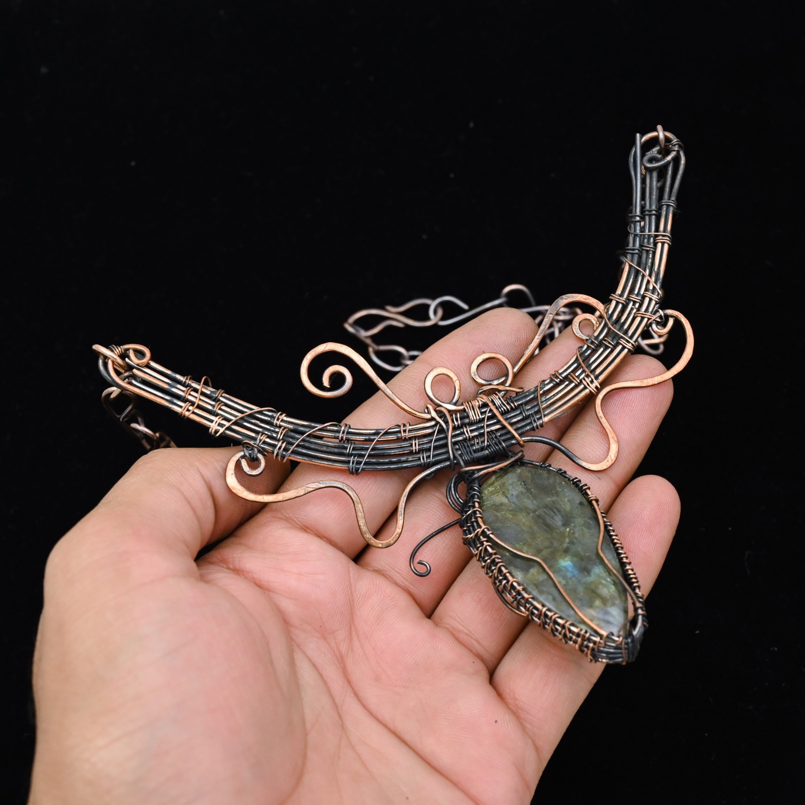 Copper Wire Wrapped Labradorite Pendant Necklace Artisan Handcrafted Necklace