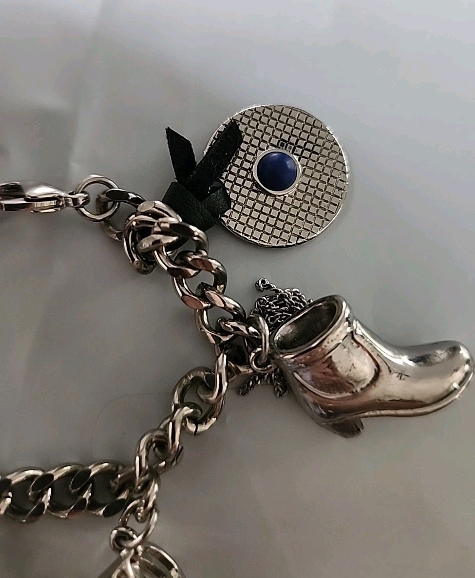 Vtg SAM EDELMAN Signed Silvertone Charm Bracelet Shoes Sandals Boots CUTE!
