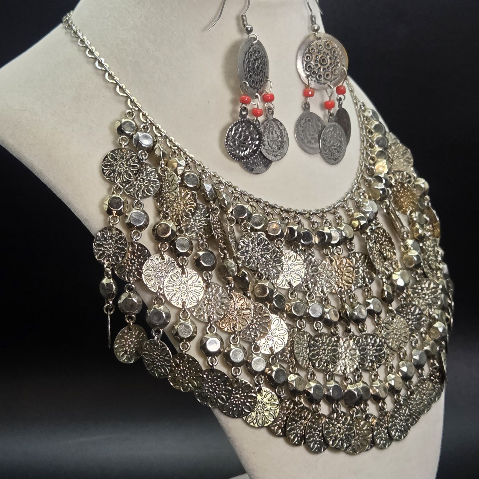Dangling Coin Choker Bib Collar Silver Tone Metal Egyptian Necklace and Earrings