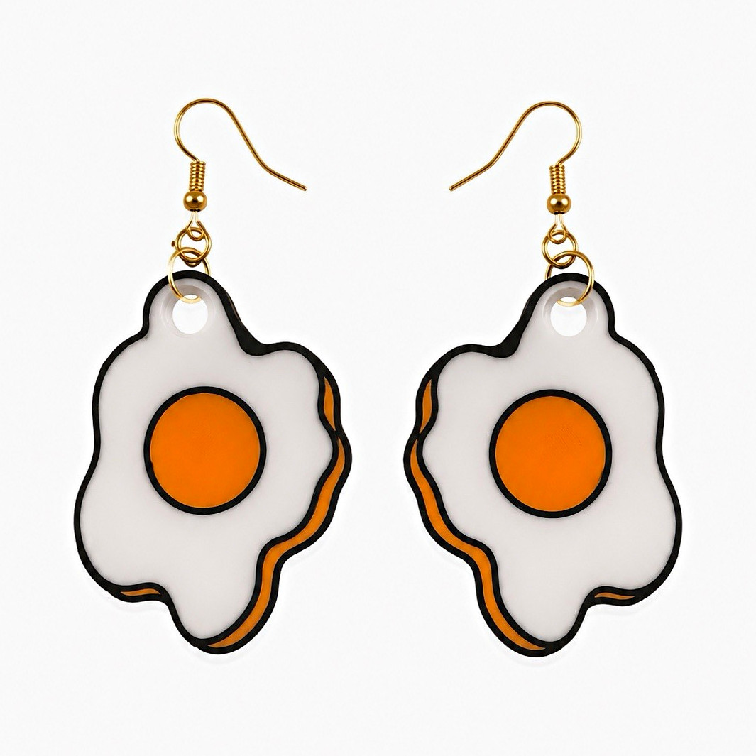 Fried Egg Food & Drink Resin Dangle/Drop Hook Earrings White Orange Black