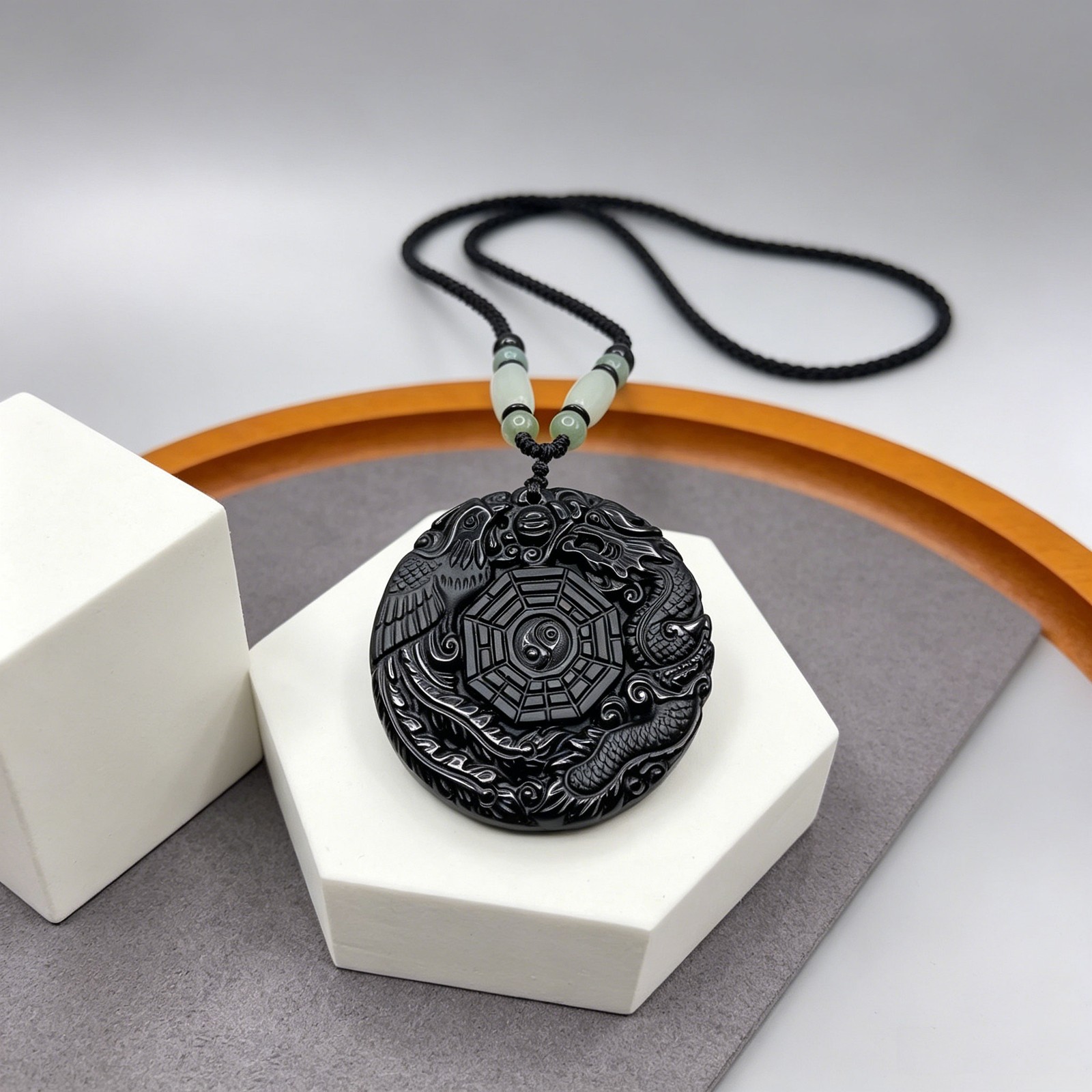 Jade Obsidian Dragon Charm Pendant Necklace Beads Cord Handmade Yin-Yang diagram