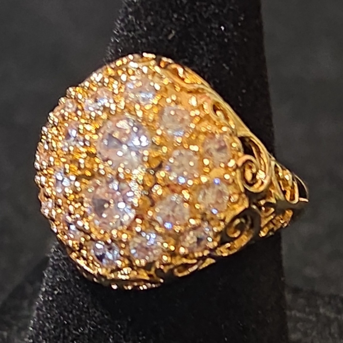 Gold Tone Round Pavé White Crystal Cluster Cocktail Ring, Size 6